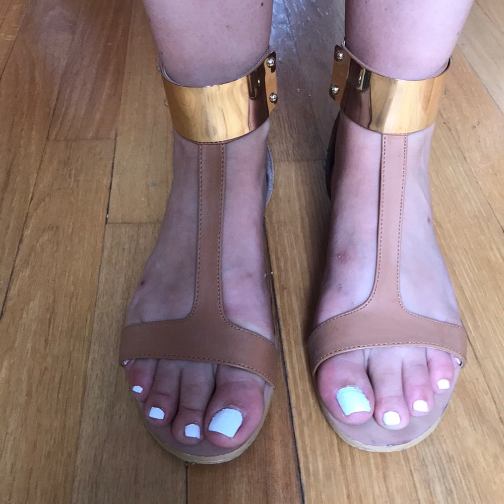 Gold and tan cuffed sandals